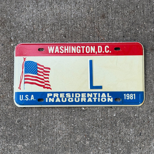 Photo of a 1981 Washington DC Inaugural License Plate Auto Tag Garage Decor Vintage Single Letter L with original patina