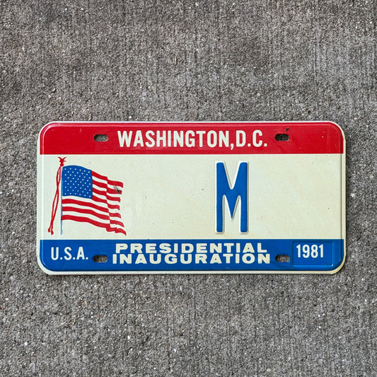 Photo of a 1981 Washington DC Inaugural License Plate Auto Tag Garage Decor Vintage Single Letter M with original patina