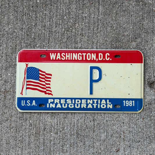 Photo of a 1981 Washington DC Inaugural License Plate Auto Tag Garage Decor Vintage Single Letter P with original patina