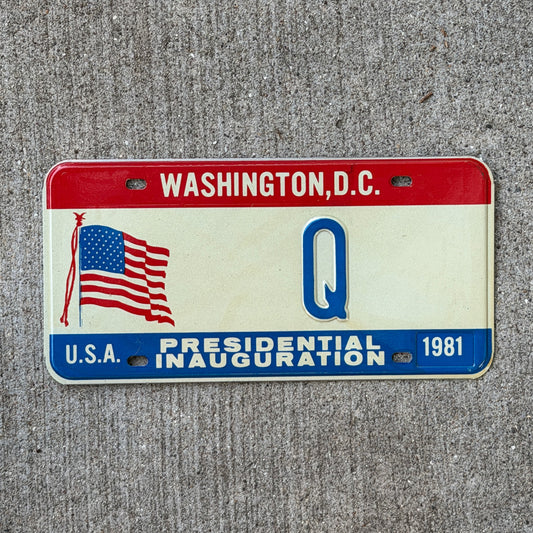 Photo of a 1981 Washington DC Inaugural License Plate Auto Tag Garage Decor Vintage Single Letter Q with original patina