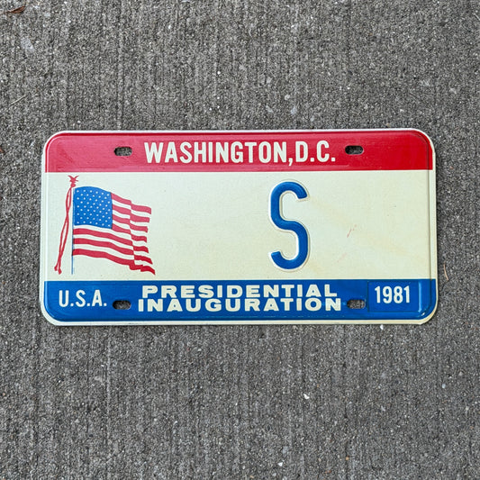 Photo of a 1981 Washington DC Inaugural License Plate Auto Tag Garage Decor Vintage Single Letter S with original patina