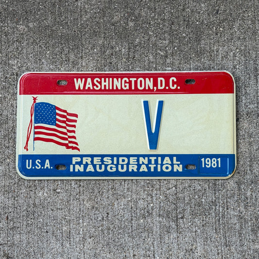 Photo of a 1981 Washington DC Inaugural License Plate Auto Tag Garage Decor Vintage Single Letter V with original patina