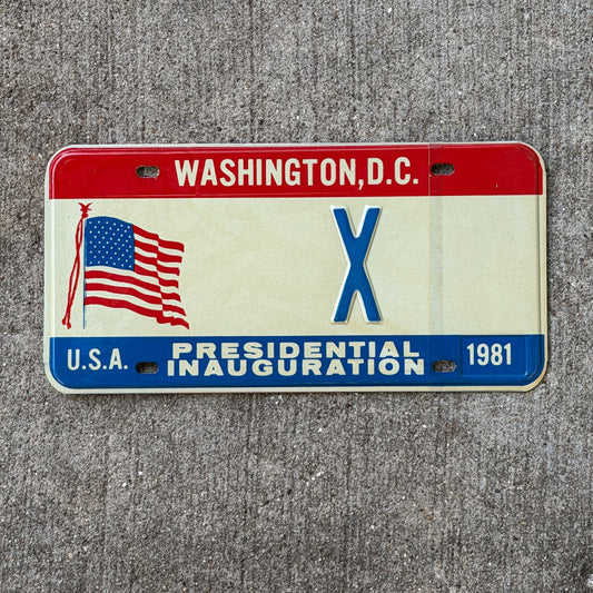 Photo of a 1981 Washington DC Inaugural License Plate Auto Tag Garage Decor Vintage Single Letter X with original patina
