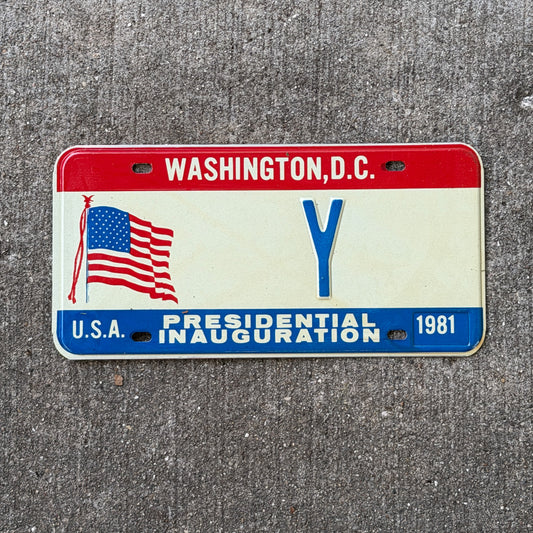 Photo of a 1981 Washington DC Inaugural License Plate Auto Tag Garage Decor Vintage Single Letter Y with original patina