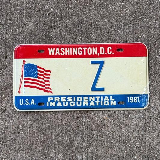 Photo of a 1981 Washington DC Inaugural License Plate Auto Tag Garage Decor Vintage Single Letter Z with original patina