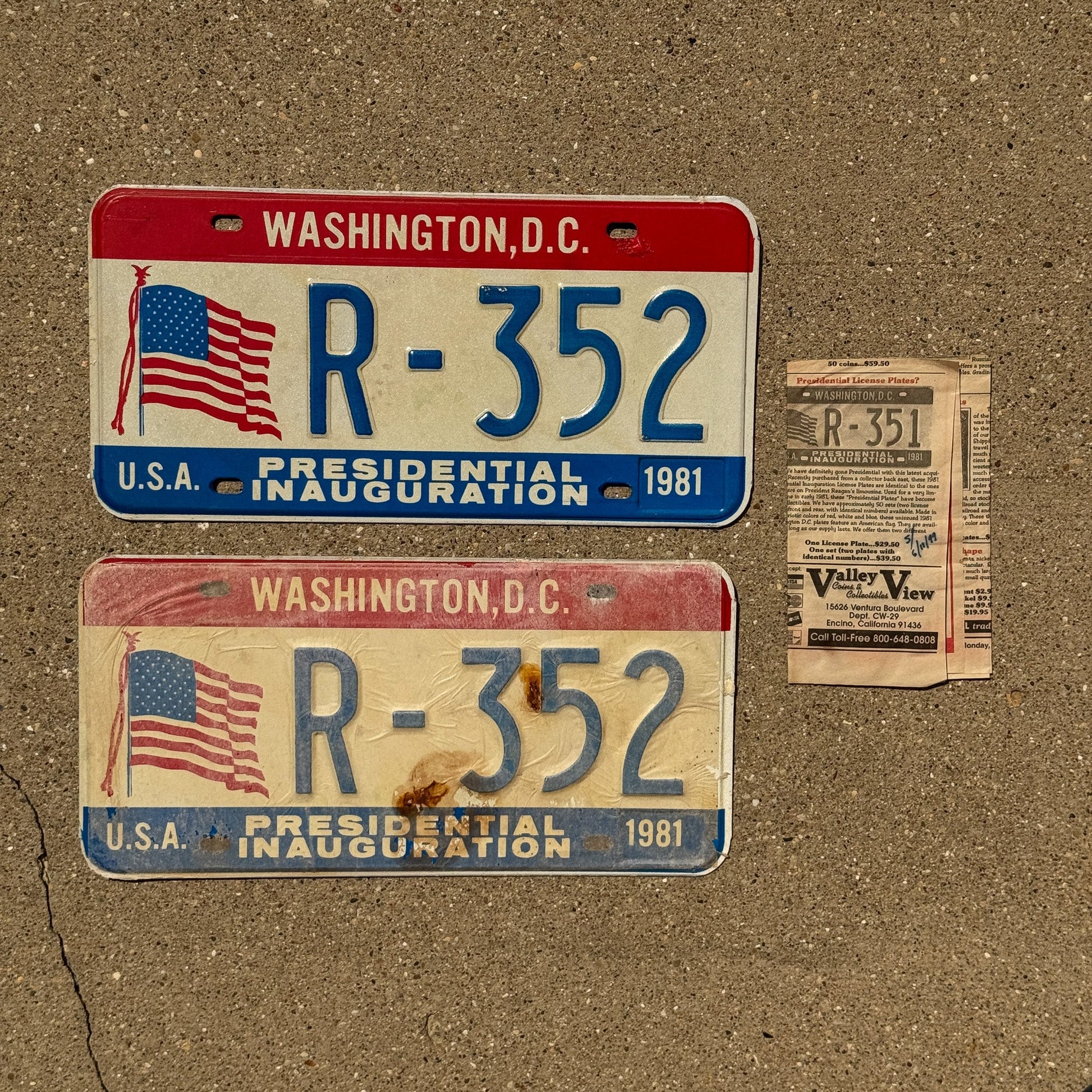 Photo of a 1981 Washington DC Inaugural License Plate Pair Auto Tag Garage Decor Vintage Reagan Inauguration with Provenance Clipping R 352