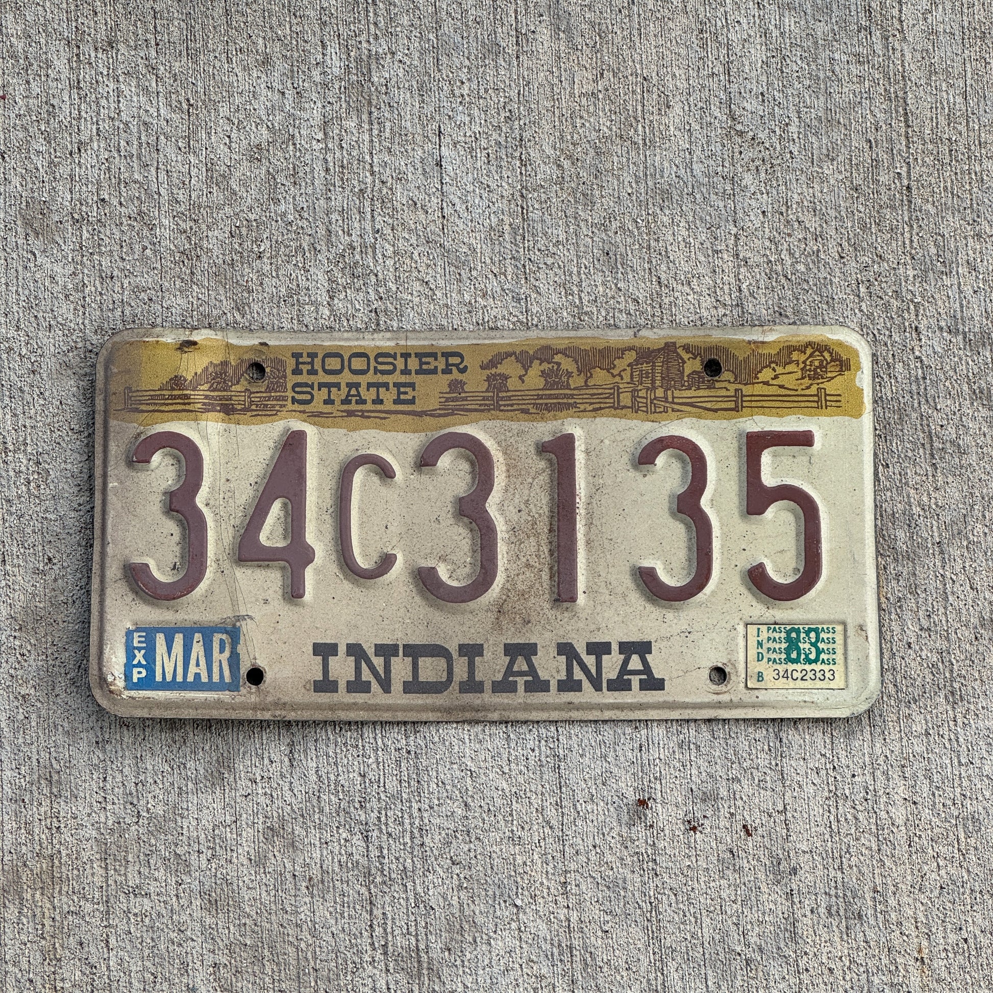 Photo of a 1982 1983 Indiana License Plate Auto Tag Garage Decor Vintage 34 C 3135 with original patina