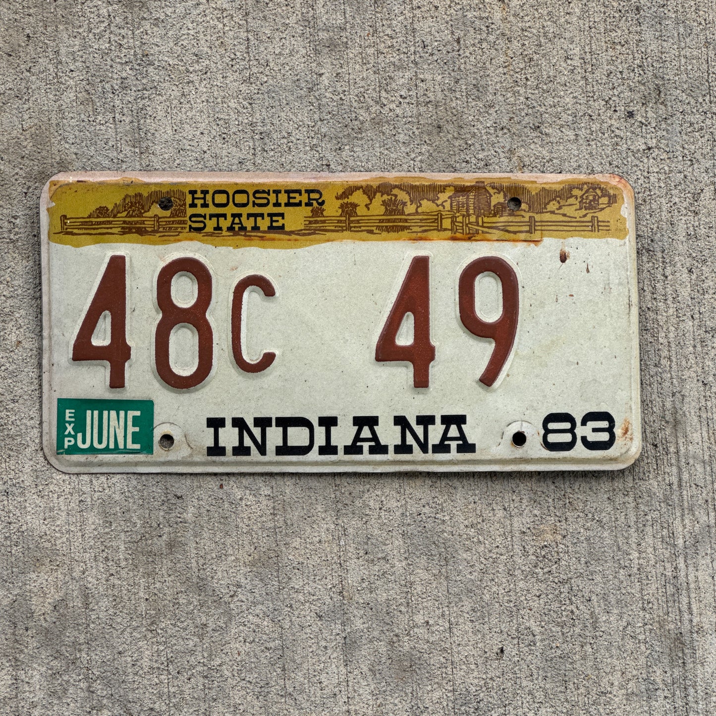 Photo of a 1982 1983 Indiana License Plate Auto Tag Garage Decor Vintage 48 C 49 with original patina