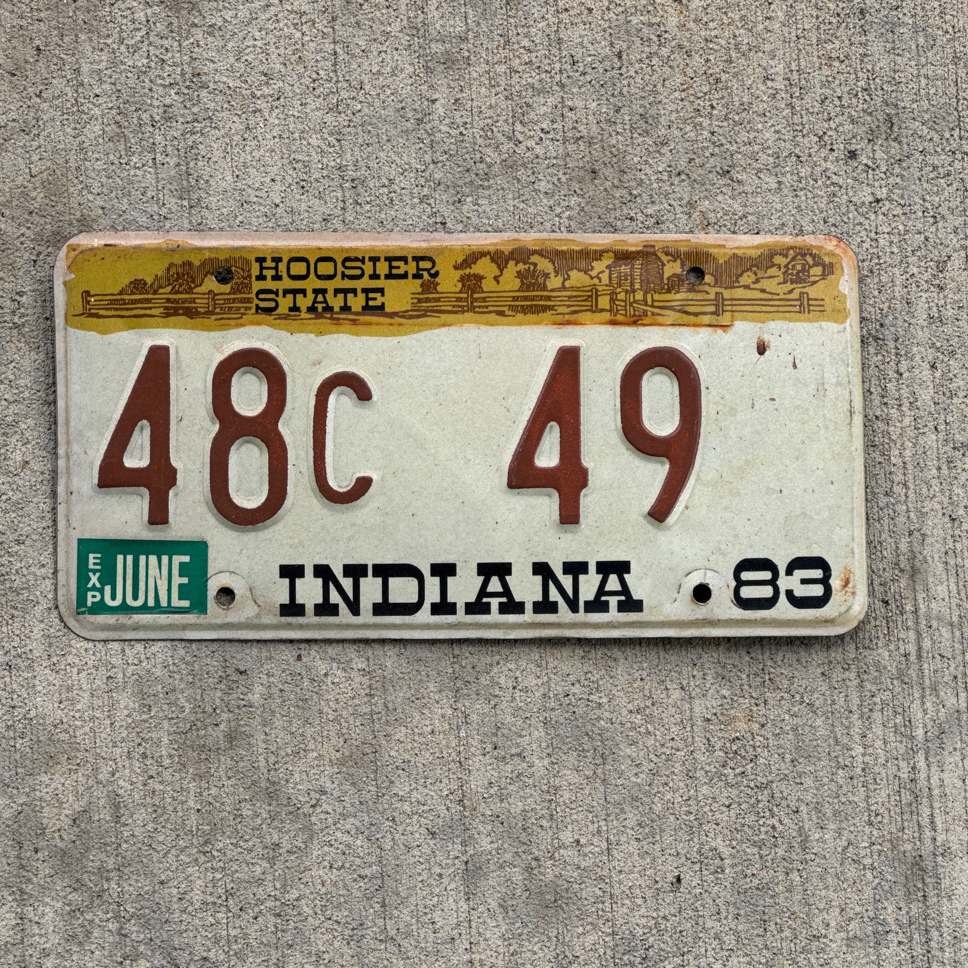 Photo of a 1982 1983 Indiana License Plate Auto Tag Garage Decor Vintage 48 C 49 with original patina