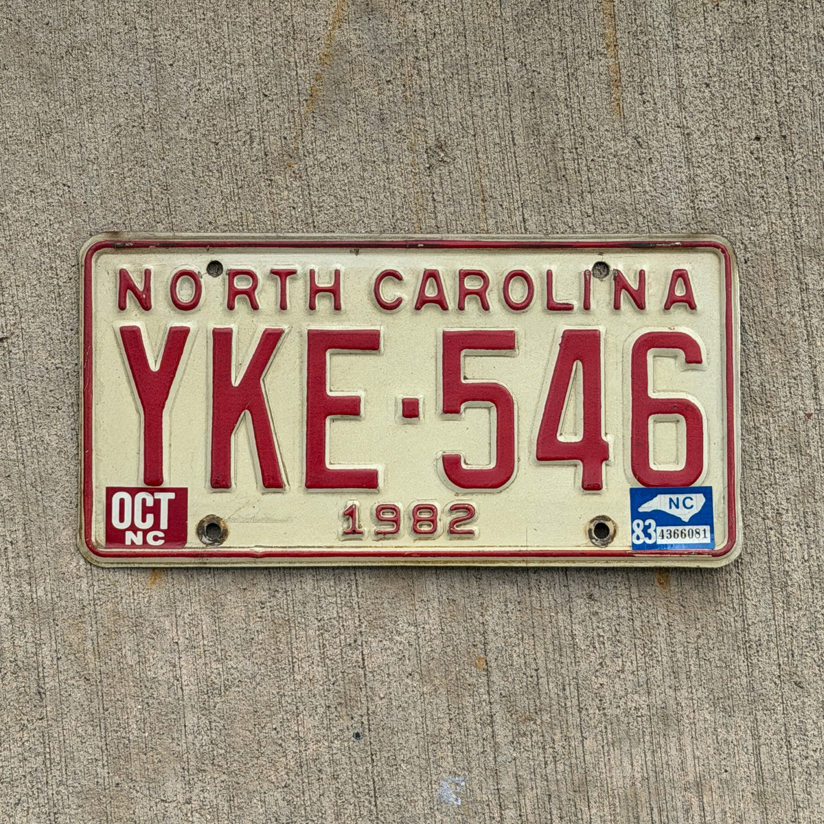Photo of a 1982 1983 North Carolina License Plate Auto Tag Garage Decor Vintage YKE 546 with original patina