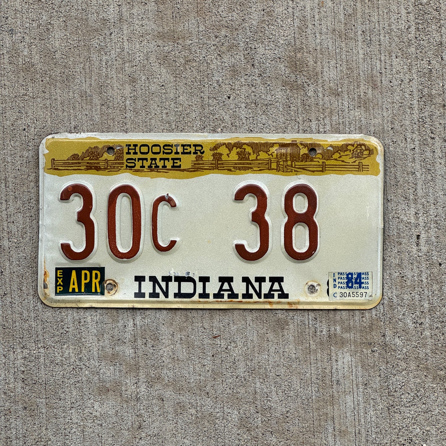 Photo of a 1982 1984 Indiana License Plate Auto Tag Garage Decor Vintage 30 C 38 with original patina
