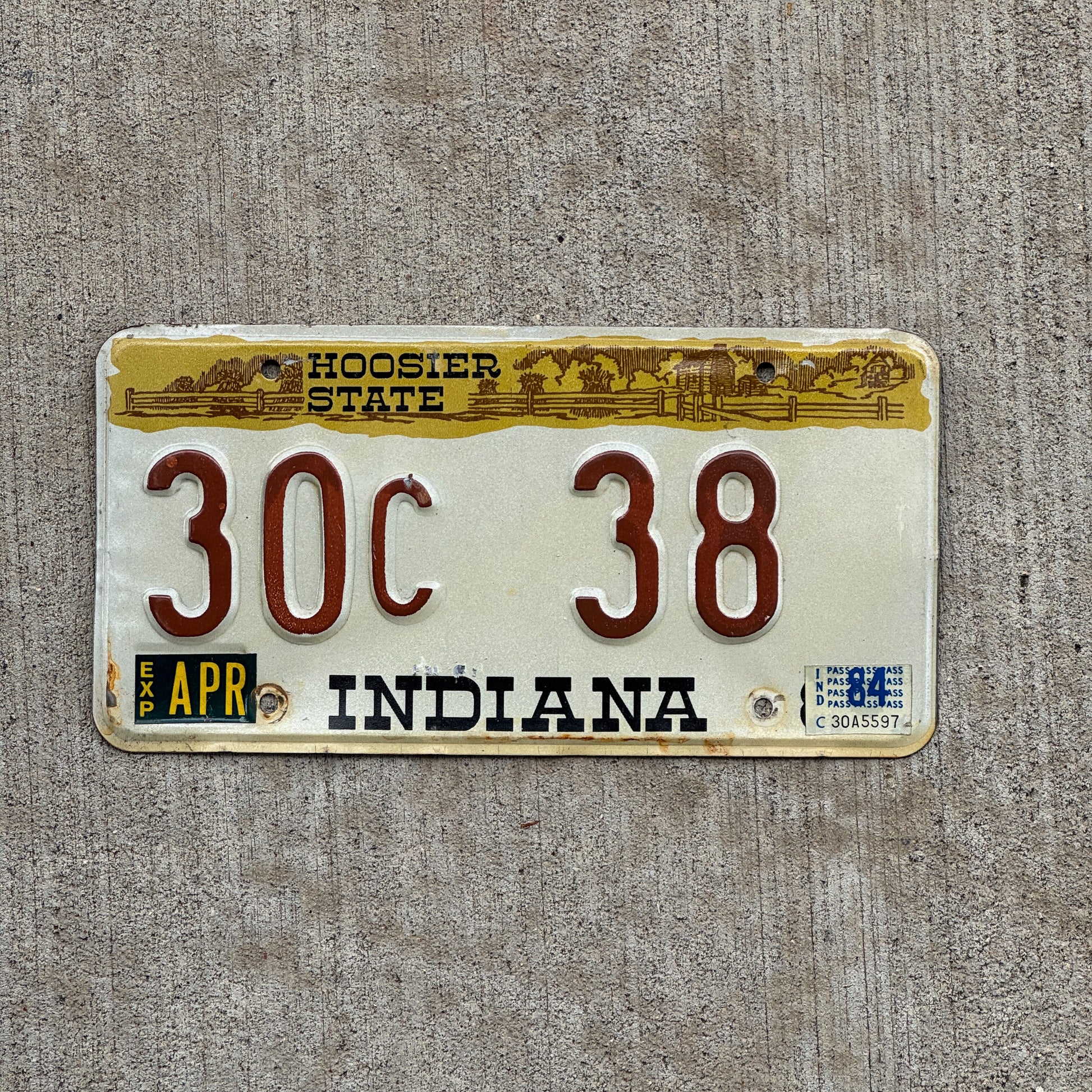 Photo of a 1982 1984 Indiana License Plate Auto Tag Garage Decor Vintage 30 C 38 with original patina