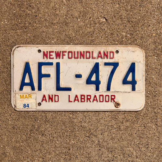 Photo of a 1982 1984 Newfoundland License Plate Auto Tag Garage Decor Vintage AFL 474