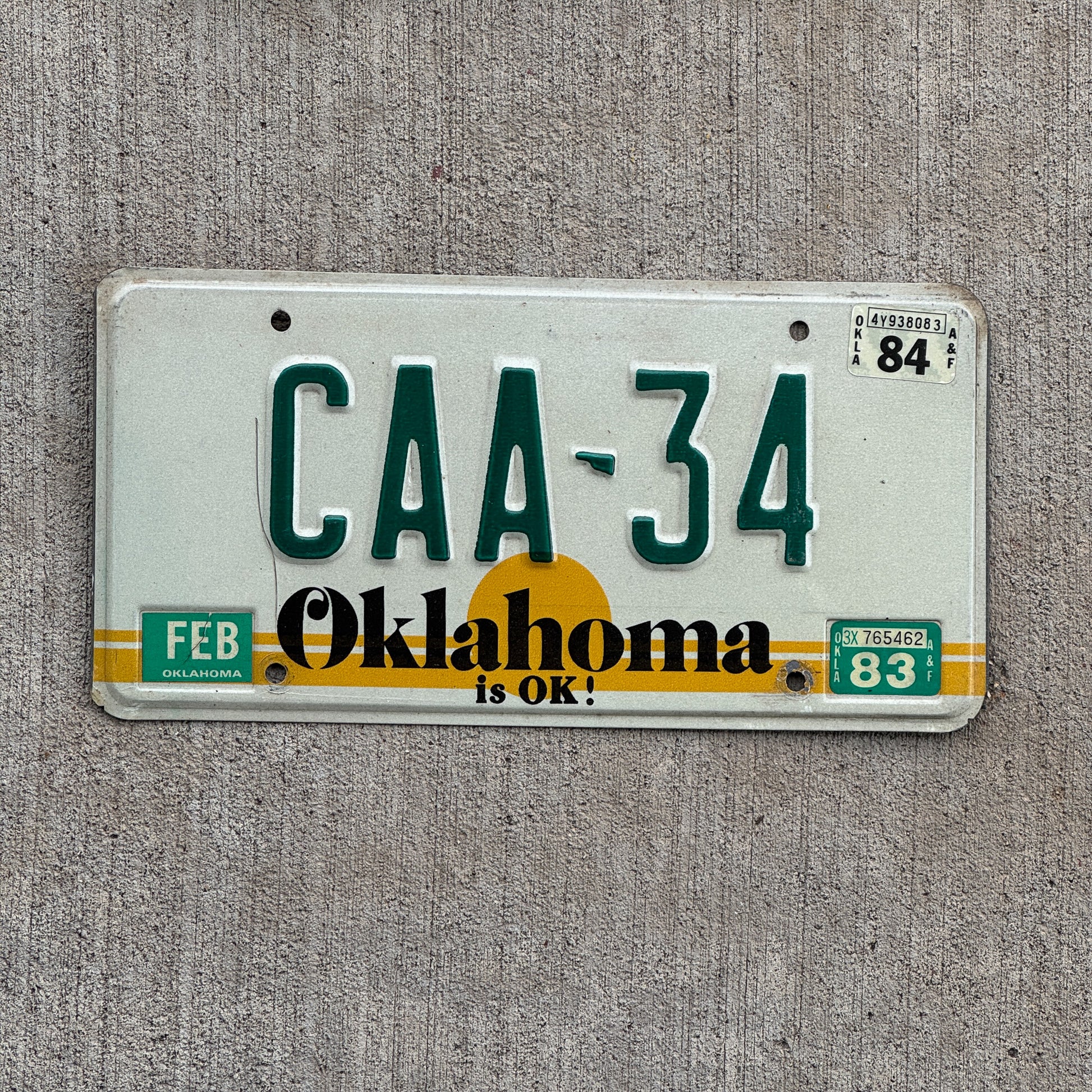 Photo of a 1982 1984 Oklahoma License Plate Auto Tag Garage Decor Vintage CAA 34 with original patina