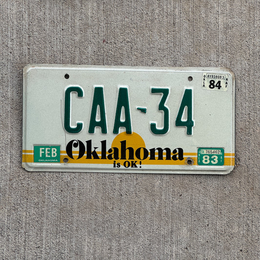 Photo of a 1982 1984 Oklahoma License Plate Auto Tag Garage Decor Vintage CAA 34 with original patina