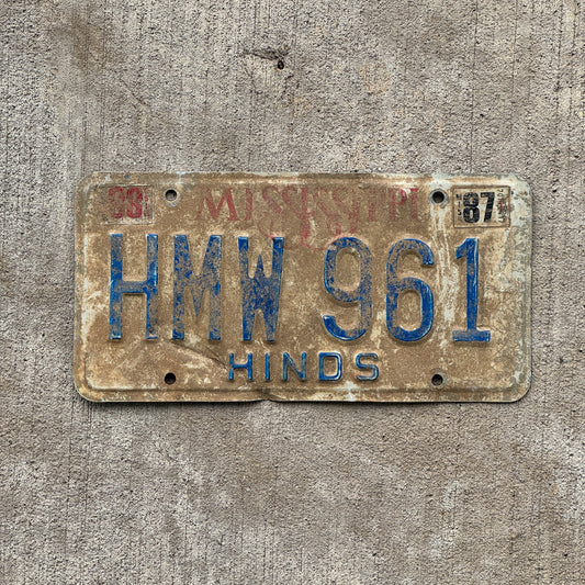Photo of a 1982 1988 Mississippi License Plate Auto Tag Garage Decor Vintage HMW 961 with original patina