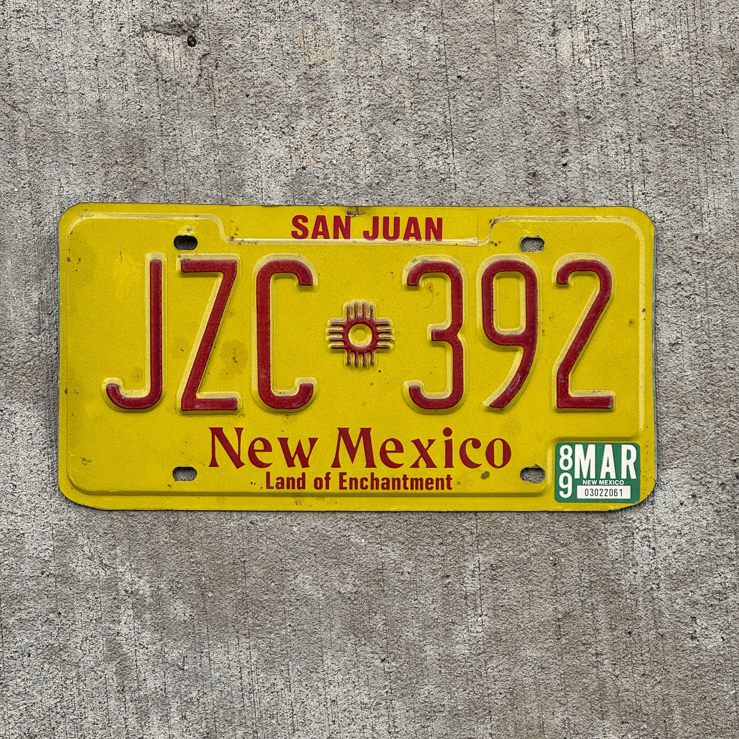 Photo of a 1982 1989 New Mexico License Plate Auto Tag Garage Decor Vintage JZC 392 with original patina