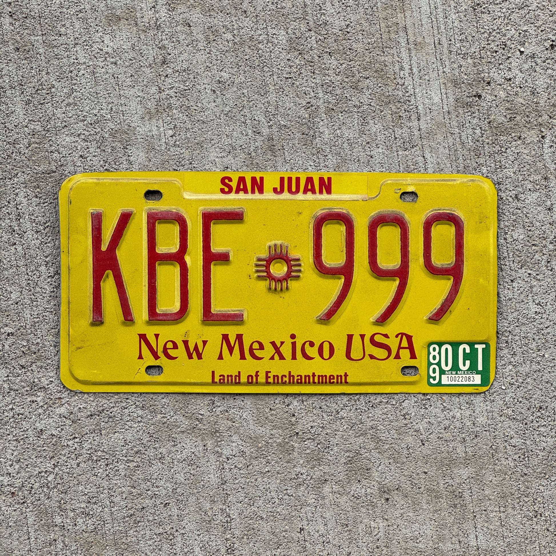 Photo of a 1982 1989 New Mexico License Plate Auto Tag Garage Decor Vintage Repeat Repeating KBE 999 with original patina