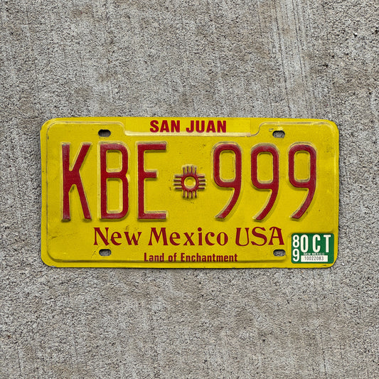 Photo of a 1982 1989 New Mexico License Plate Auto Tag Garage Decor Vintage Repeat Repeating KBE 999 with original patina
