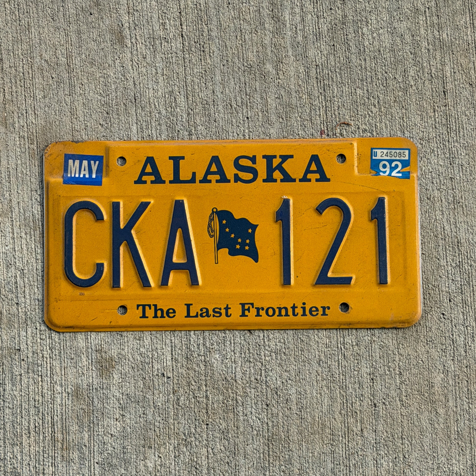 Photo of a 1982 1992 Alaska License Plate Auto Tag Garage Decor Vintage CKA 121 with original patina