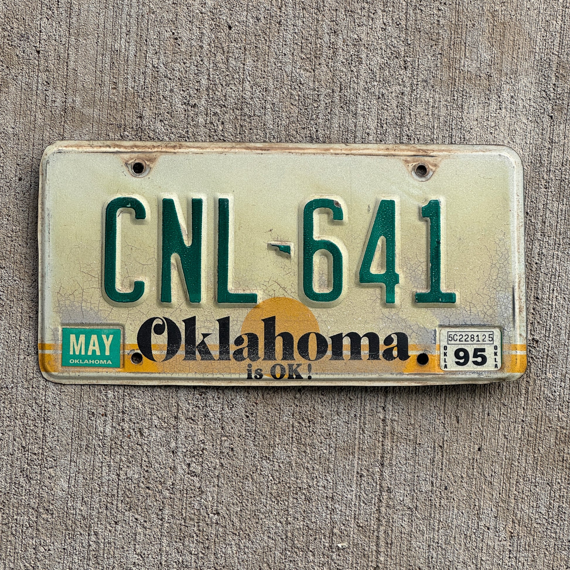 Photo of a 1982 1995 Oklahoma License Plate Auto Tag Garage Decor Vintage CNL 641 with original patina