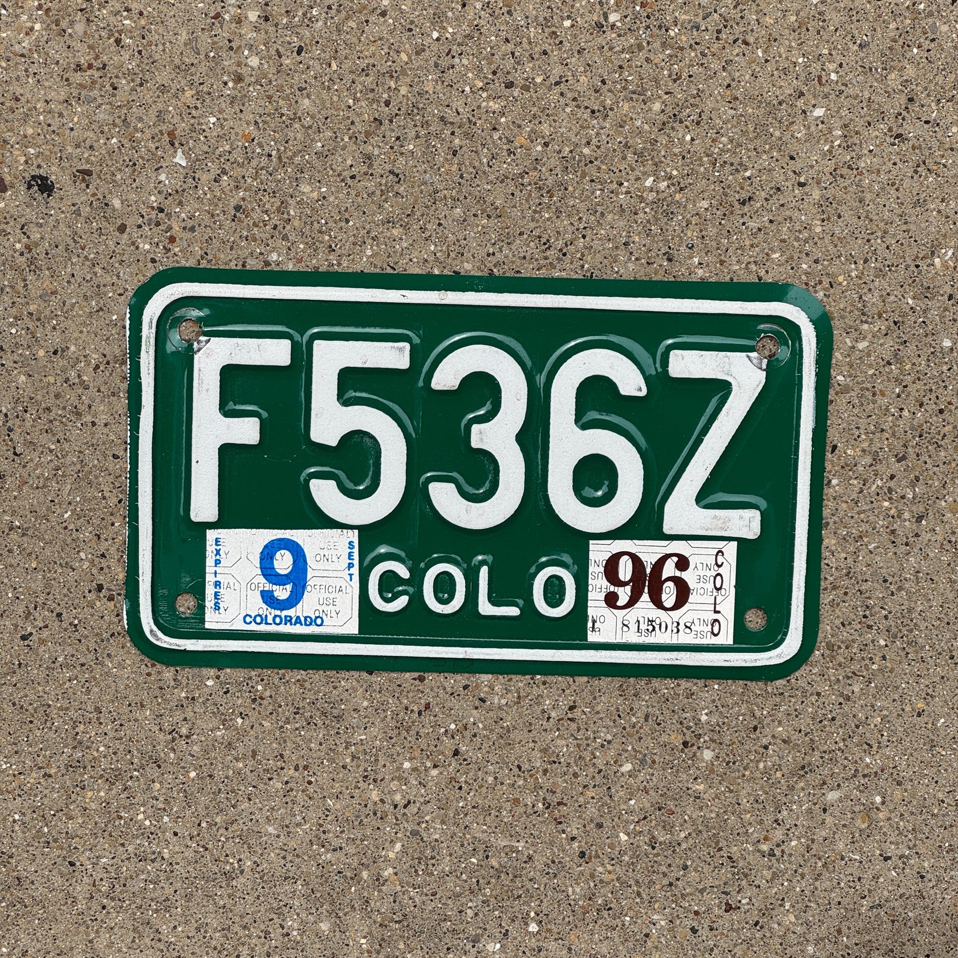 Photo of a 1982 1996 Colorado Motorcycle License Plate Auto Tag Garage Decor Vintage F 536 Z