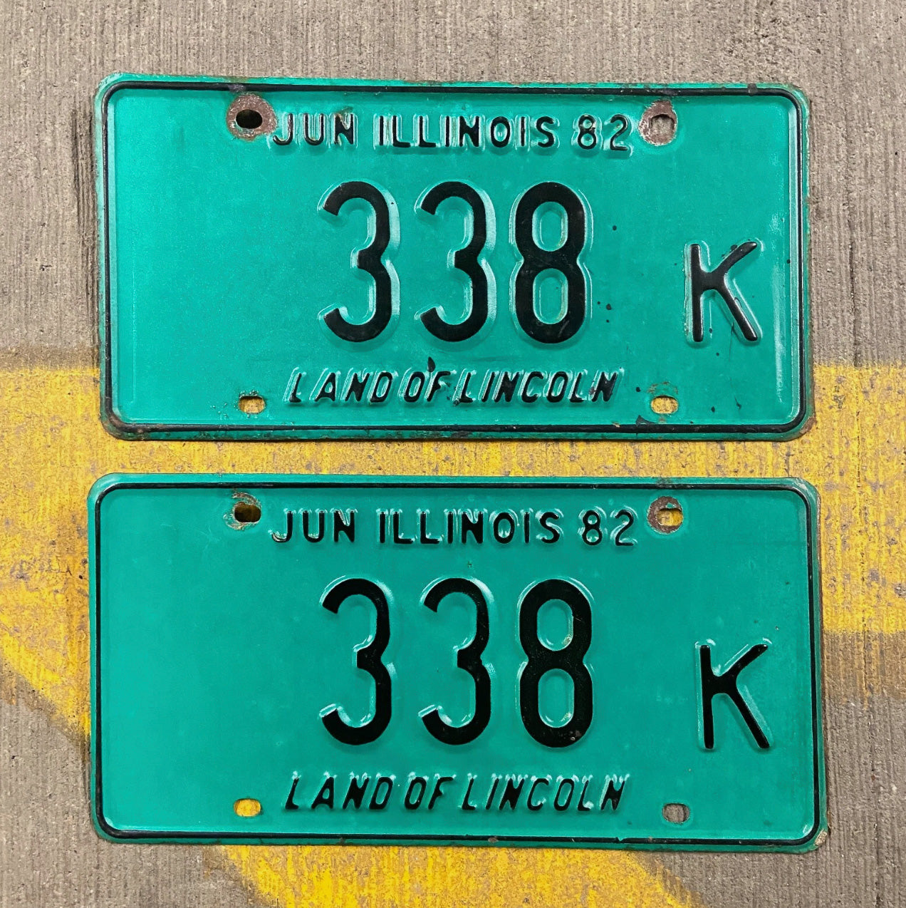 Photo of a 1982 Illinois Truck License Plate Pair Auto Tag Garage Decor Vintage 338 K with original patina