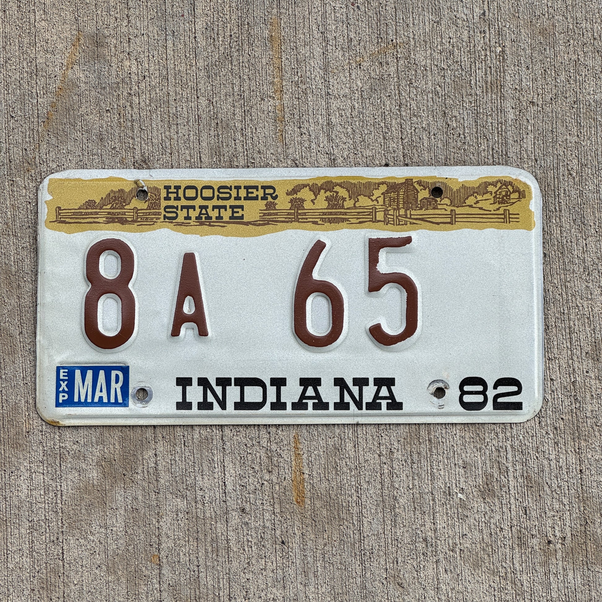 Photo of a 1982 Indiana License Plate Auto Tag Garage Decor Vintage Carroll County Low Number 8 A 65 with original patina