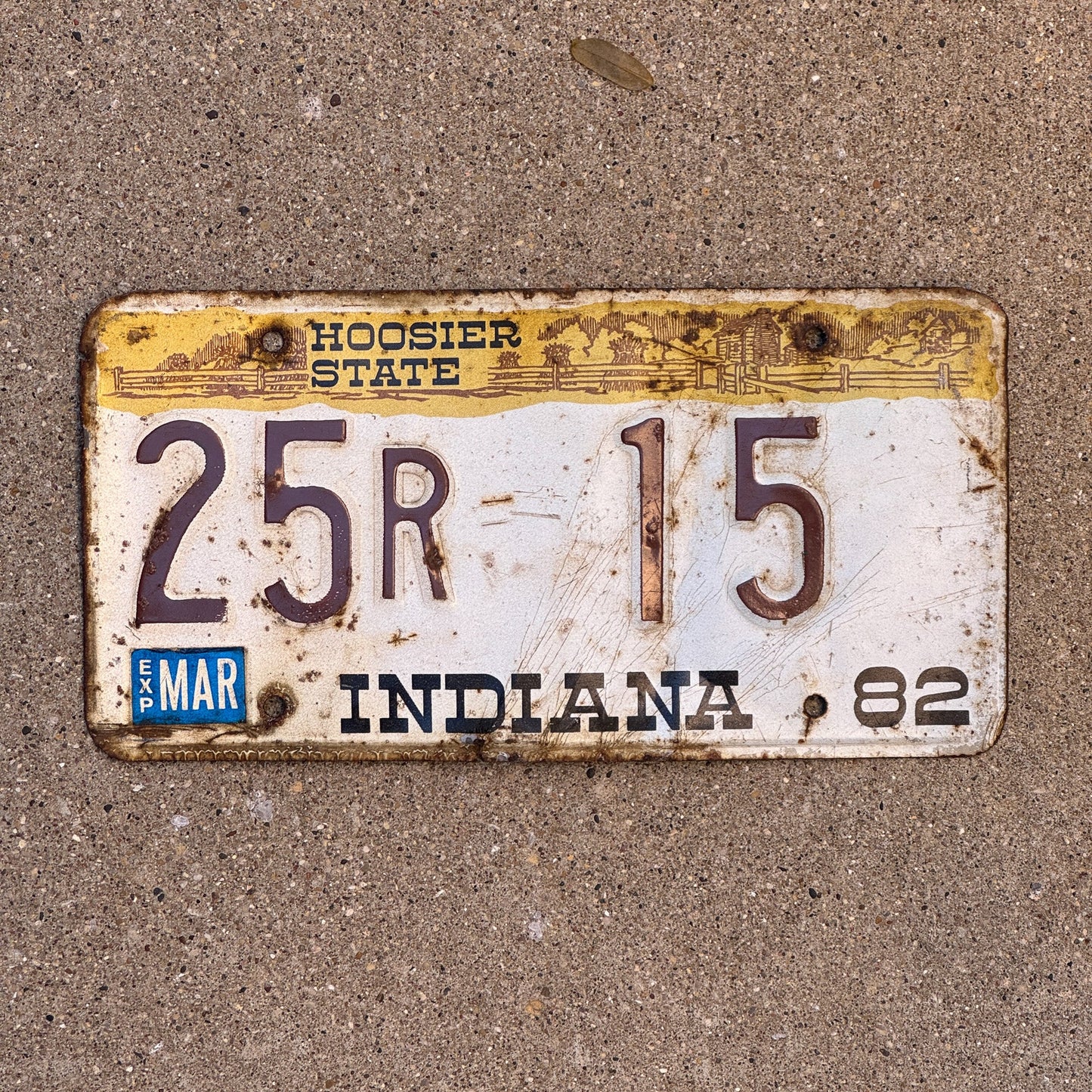 Photo of a 1982 Indiana License Plate Auto Tag Garage Decor Vintage Fulton County Low Number 25 R 15 with original patina