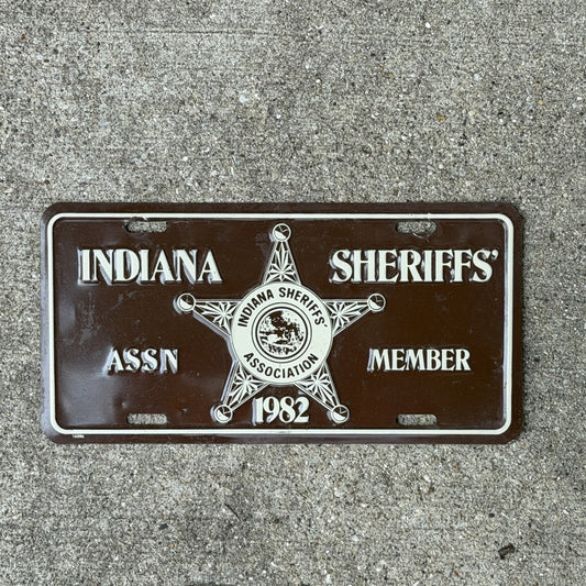Photo of a 1982 Indiana Sheriff's Association Member Indiana Booster License Plate Auto Tag Garage Decor Vintage
 Police Cop Metal with original patina