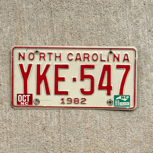 Photo of a 1982 North Carolina License Plate Auto Tag Garage Decor Vintage YKE 547 with original patina
