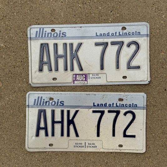 Photo of a 1983 1984 Illinois License Plate Pair Auto Tag Garage Decor Vintage AHK 772
