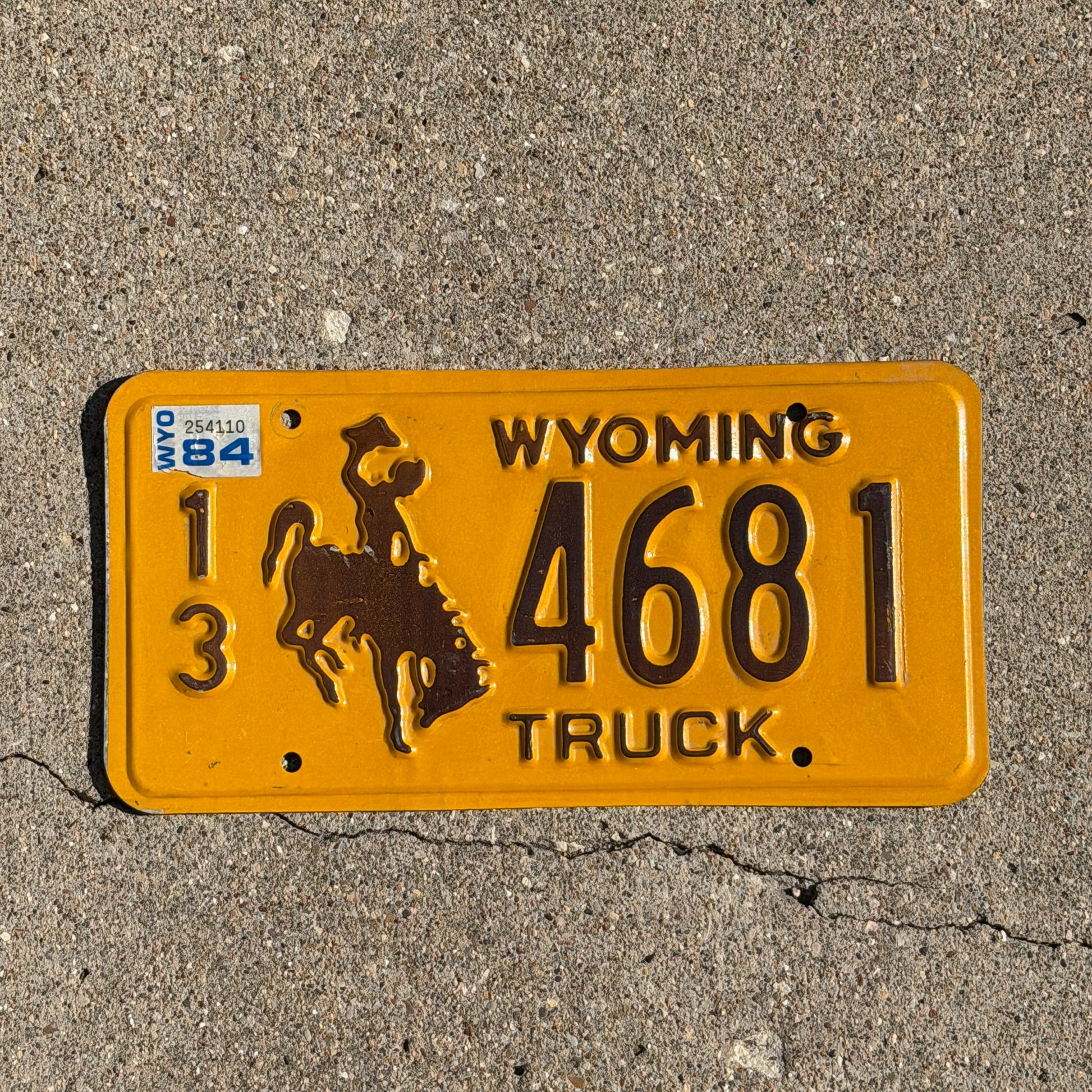Photo of a 1983 1984 Wyoming Truck License Plate Auto Tag Garage Decor Vintage Cowboy Rodeo 13 4681 with original patina