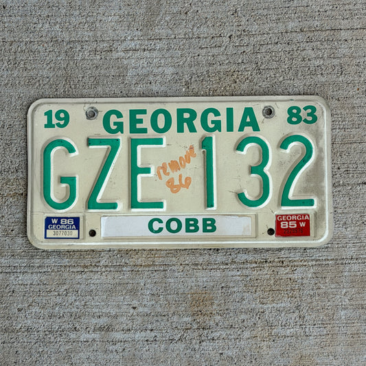 Photo of a 1983 1986 Georgia License Plate Auto Tag Garage Decor Vintage GZE 132 with original patina
