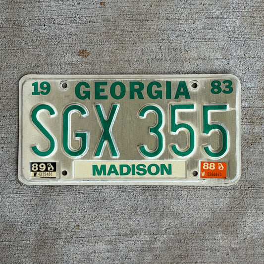Photo of a 1983 1989 Georgia License Plate Auto Tag Garage Decor Vintage SGX 355 with original patina