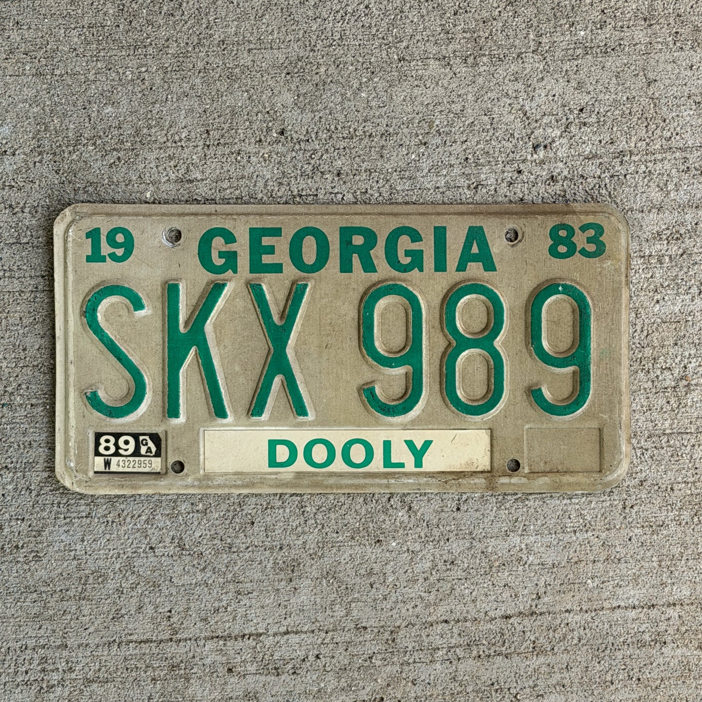 Photo of a 1983 1989 Georgia License Plate Auto Tag Garage Decor Vintage SKX 989 with original patina
