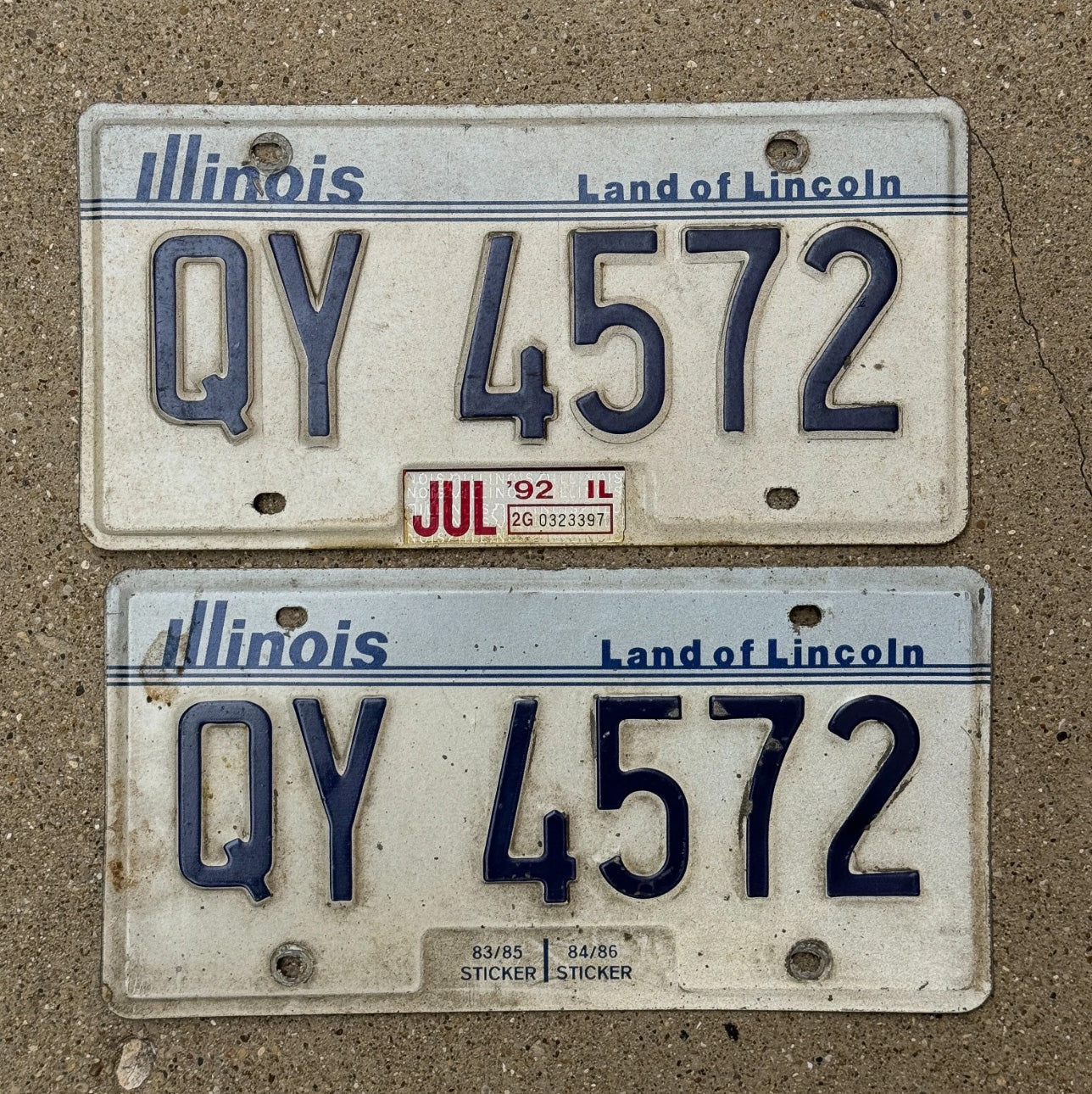 Photo of a 1983 1992 Illinois License Plate Pair Auto Tag Garage Decor Vintage QY 4572