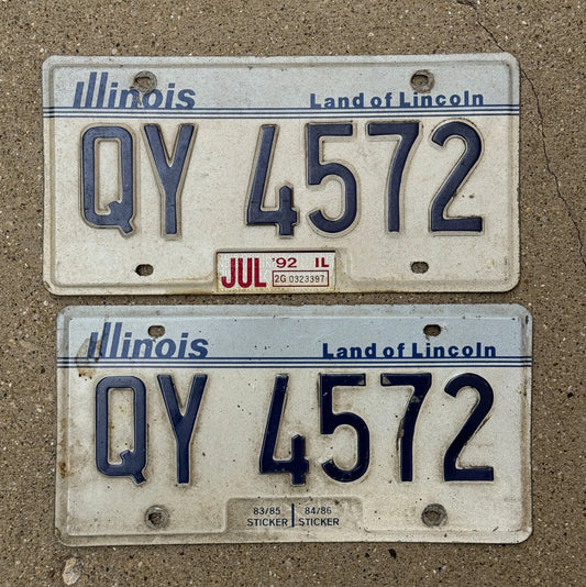 Photo of a 1983 1992 Illinois License Plate Pair Auto Tag Garage Decor Vintage QY 4572