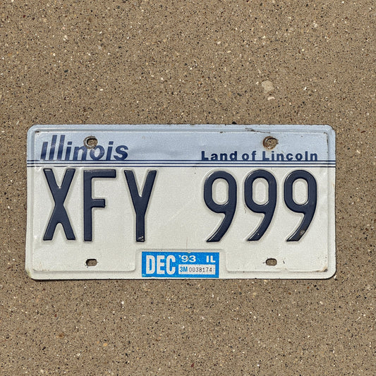 Photo of a 1983 1993 Illinois License Plate Auto Tag Garage Decor Vintage Repeat Repeating XFY 999