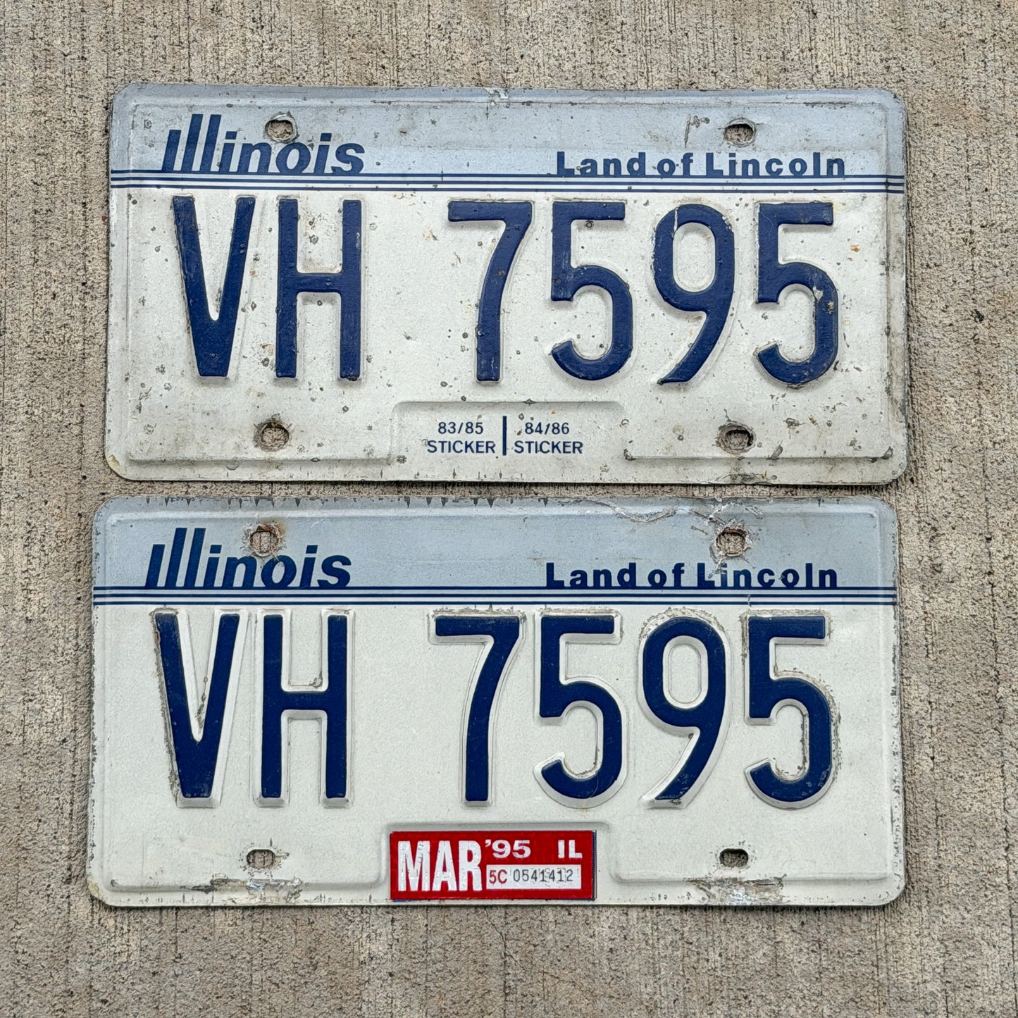 Photo of a 1983 1995 Illinois License Plate Pair Auto Tag Garage Decor Vintage VH 7595 with original patina