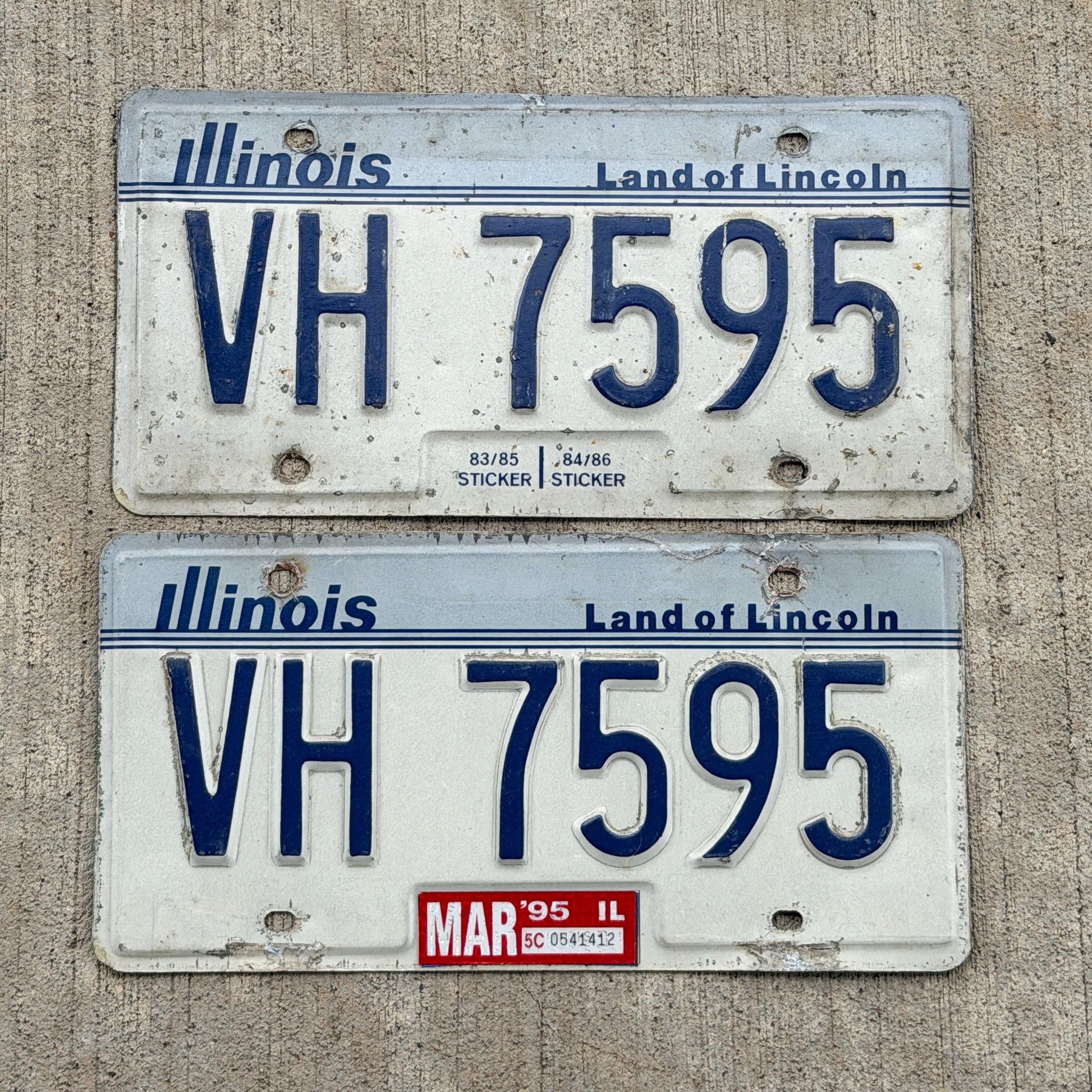 Photo of a 1983 1995 Illinois License Plate Pair Auto Tag Garage Decor Vintage VH 7595 with original patina