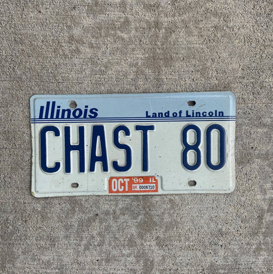 Photo of a 1983 1999 Illinois Vanity License Plate Auto Tag Garage Decor Vintage Chaste Abstinence Religious CHAST 80 with original patina