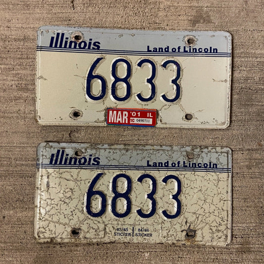 Photo of a 1983 2001 Illinois License Plate Pair Auto Tag Garage Decor Vintage Low Number Four Digit 6833 with original patina