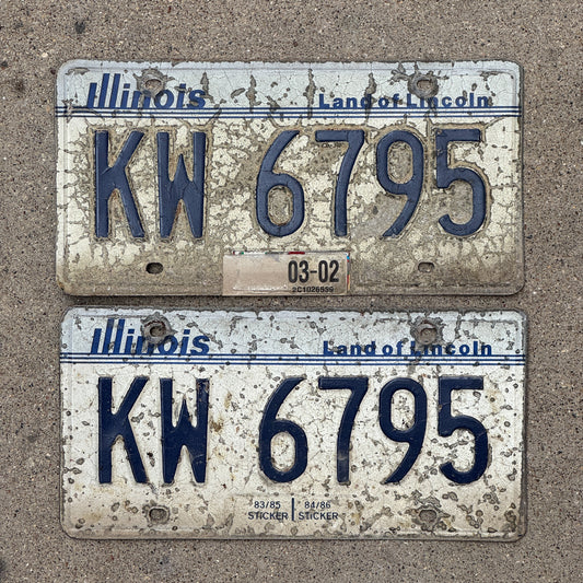 Photo of a 1983 2002 Illinois License Plate Pair Auto Tag Garage Decor Vintage KW 6795 with original patina