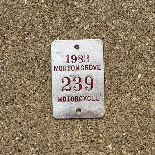 Photo of a 1983 Illinois Motorcycle Tax Tag Auto Tag Garage Decor Vintage Morton Grove 239