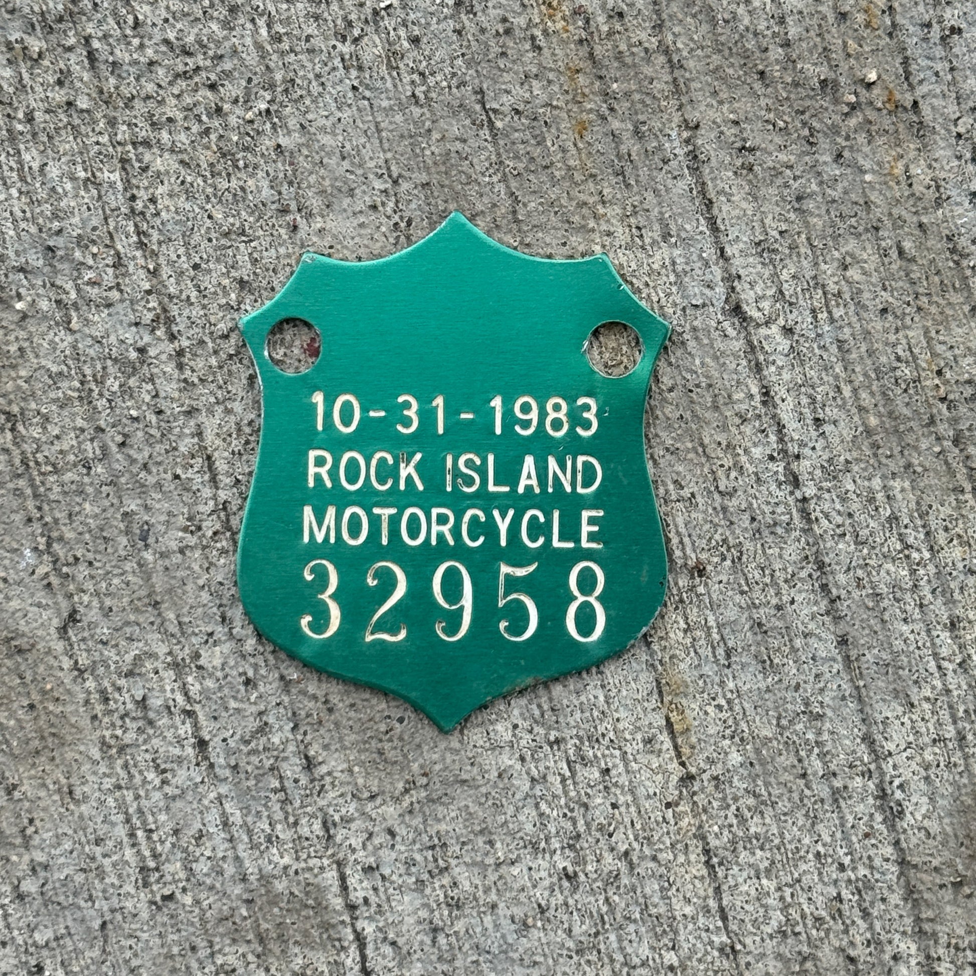 Photo of a 1983 Illinois Motorcycle Tax Tag License Plate Auto Tag Garage Decor Vintage Badge 32958 with original patina