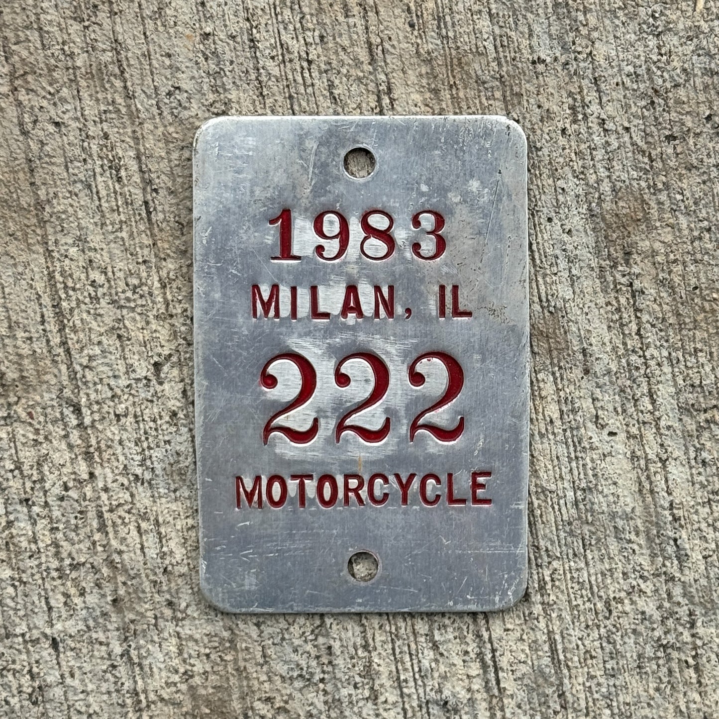 Photo of a 1983 Illinois Motorcycle Tax Tag License Plate Auto Tag Garage Decor Vintage Repeat Repeating 222 with original patina