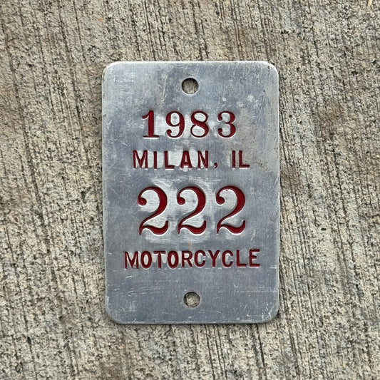 Photo of a 1983 Illinois Motorcycle Tax Tag License Plate Auto Tag Garage Decor Vintage Repeat Repeating 222 with original patina