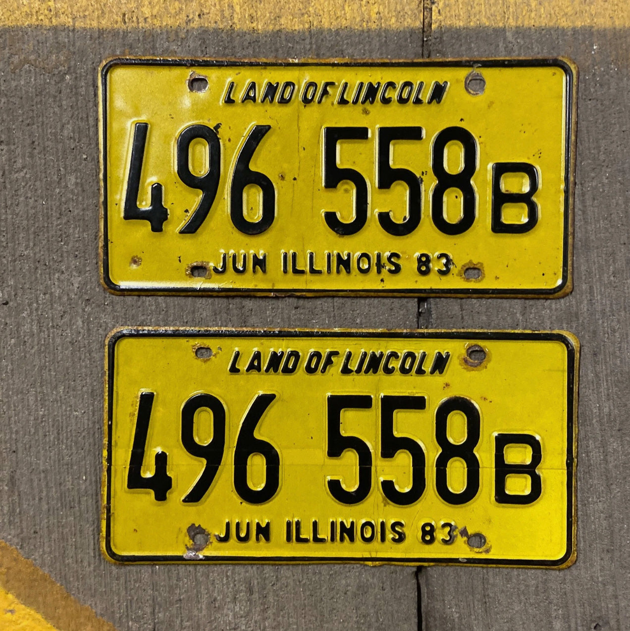 Photo of a 1983 Illinois Truck License Plate Pair Auto Tag Garage Decor Vintage 496 558 B with original patina