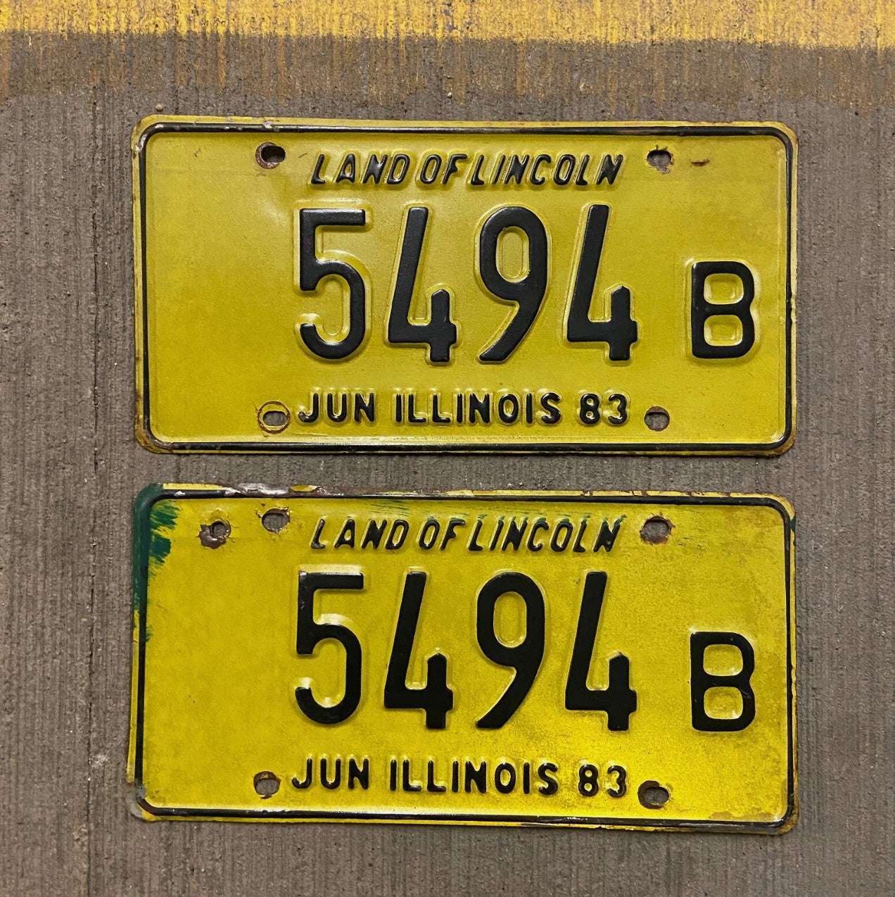 Photo of a 1983 Illinois Truck License Plate Pair Auto Tag Garage Decor Vintage 5494 B with original patina